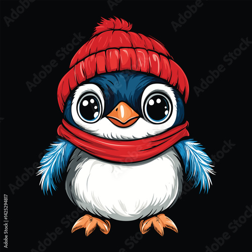 Cute Cartoon Penguin with Red Hat and Scarf in Winter