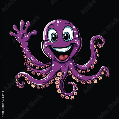 A happy purple cartoon octopus waving hello