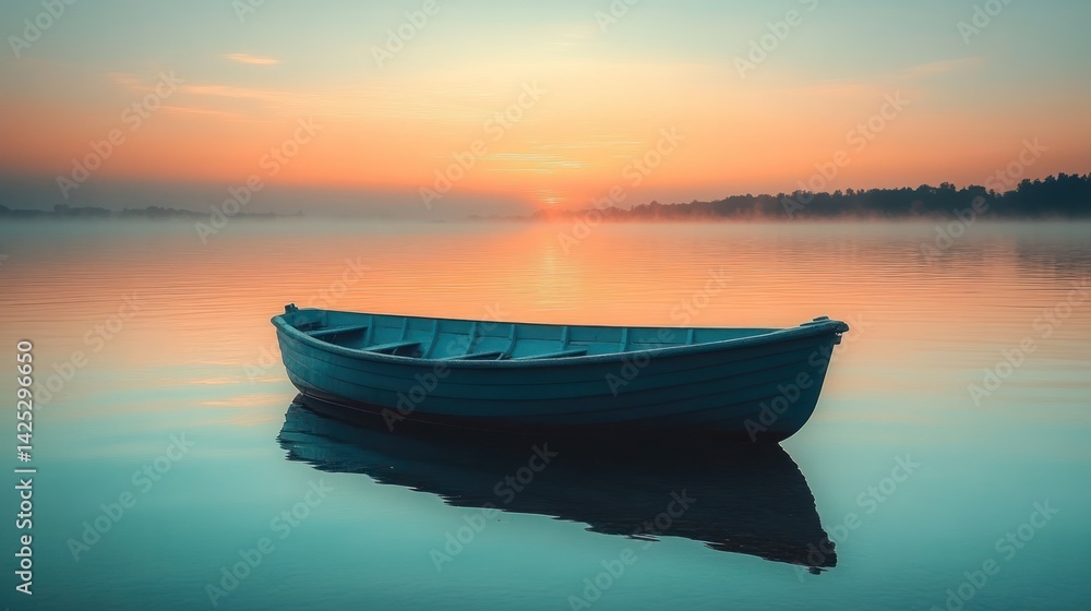 Fototapeta premium Tranquil sunrise over a still lake, a solitary boat resting on the water's surface
