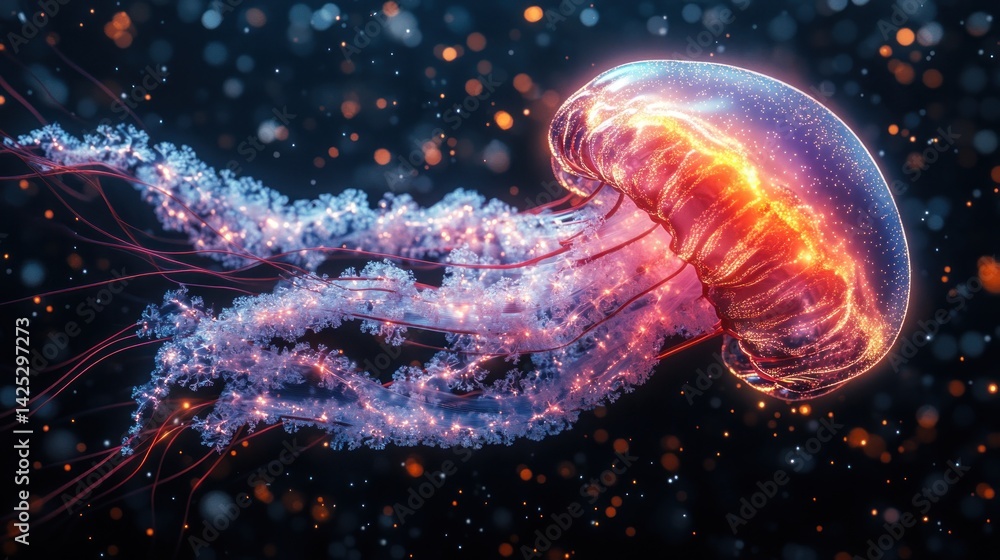 Fototapeta premium Glowing jellyfish in dark ocean