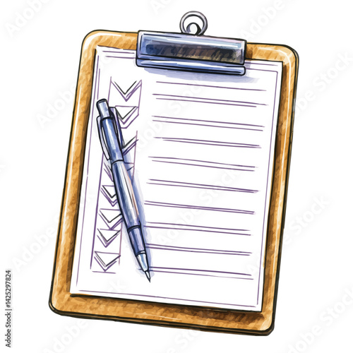 Clipboard with meeting agenda, watercolor illustration, isolated on a white background.

