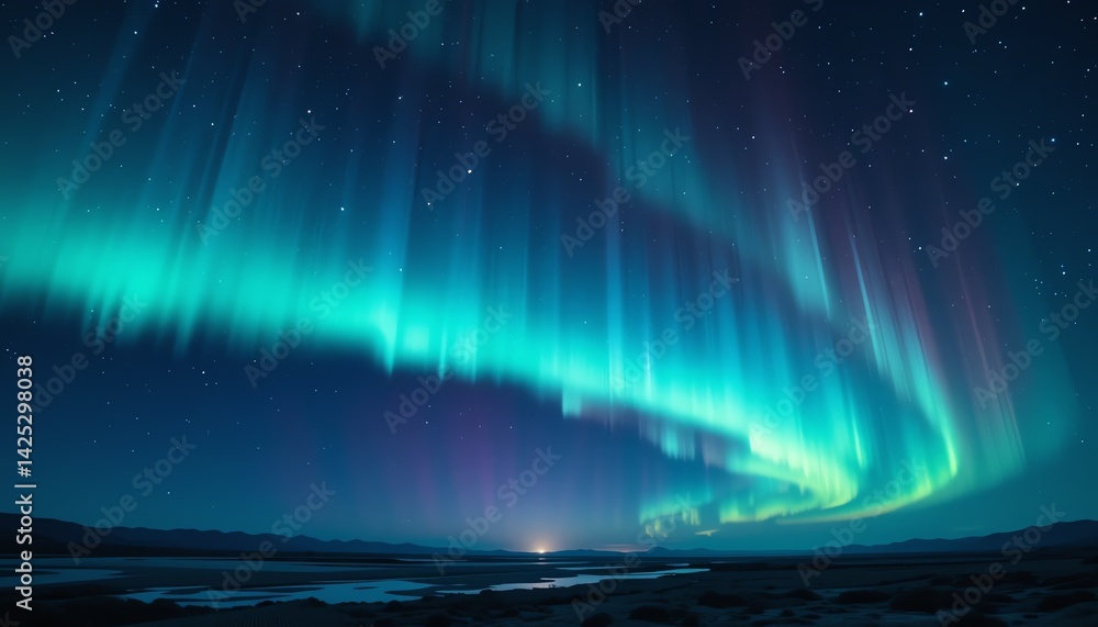 Naklejka premium Stunning Aurora Borealis Display over a Serene Landscape at Night