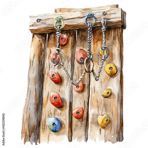 Climbing wall with ropes and anchors, watercolor illustration, isolated on a white background.

