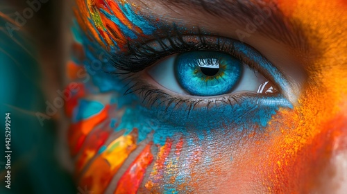Vibrant Gaze: An evocative close-up shot of a human eye, reflecting a vibrant spectrum of colors. Artistic eye makeup creates an captivating sense of beauty.