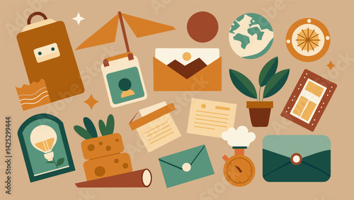 A collection of vintage stamps postcards and other paper ephemera carefully curated by an artist for future use in their scrapbooking and journaling. Vector illustration