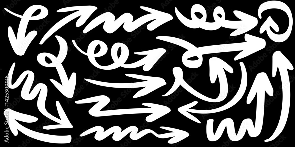 collection of hand drawn white arrows on a black background, perfect for presentations, infographics, and creative projects. collection of hand drawn white arrows on a black background, perfect for presentations, infographics, and creative projects.
