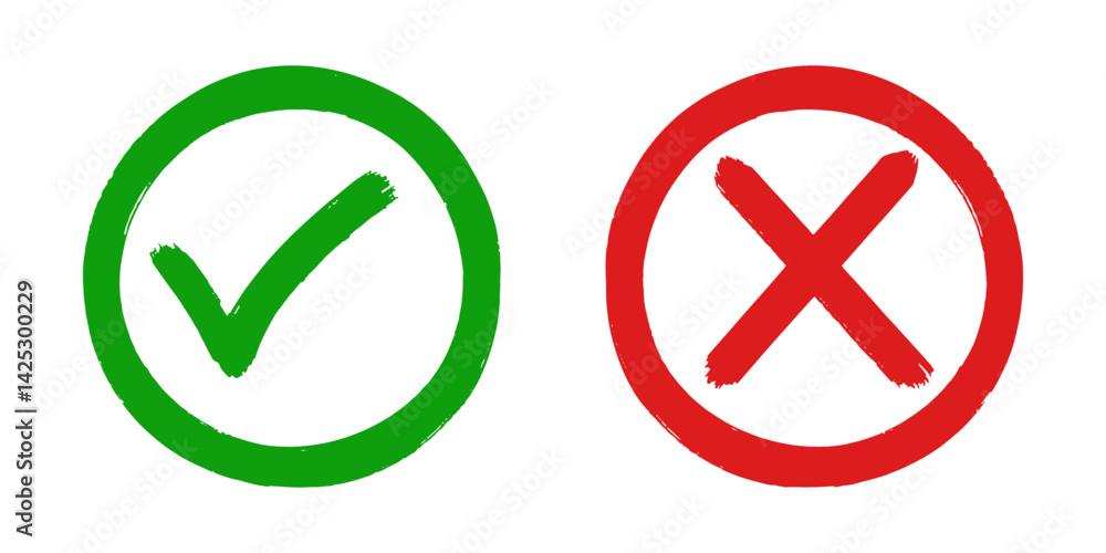 Set of flat design icons showing a green check mark and a red cross. These symbols are commonly used to represent correct vs. incorrect, approval vs. rejection, and right vs. wrong concepts. Set of flat design icons showing a green check mark and a red cross. These symbols are commonly used to represent correct vs. incorrect, approval vs. rejection, and right vs. wrong concepts.