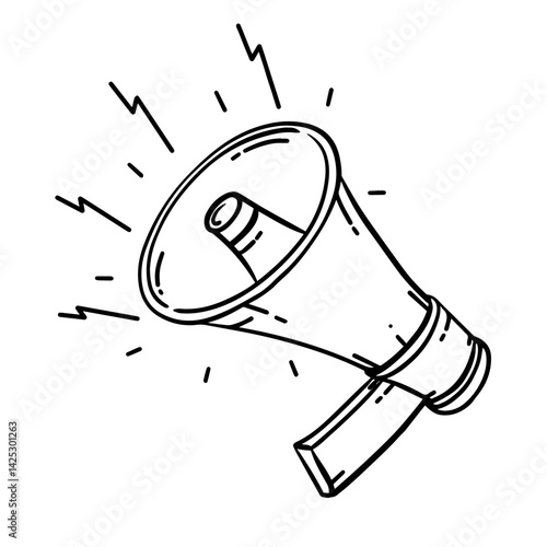 Hand drawn sketch of a loudspeaker or megaphone icon, symbolizing communication, announcements, marketing, and promotion.