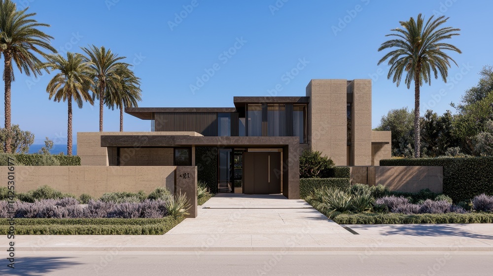 Modern Architectural Home Surrounded by Lush Greenery and Palm Trees Modern Architectural Home Surrounded by Lush Greenery and Palm Trees