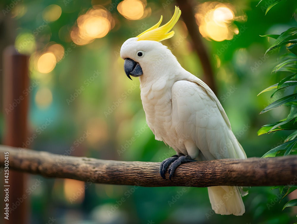 Majestic cockatoo perched on a branch in a lush, tropical setting, symbolizing exotic wildlife and natural beauty. Perfect for nature documentaries, birdwatching guides, and conservation campaigns. Majestic cockatoo perched on a branch in a lush, tropical setting, symbolizing exotic wildlife and natural beauty. Perfect for nature documentaries, birdwatching guides, and conservation campaigns.