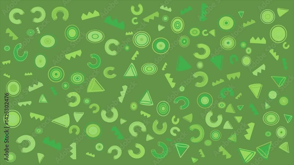 Green geometric pattern suitable for backgrounds, packaging, textiles, and digital design projects. Vibrant and modern design with circles, triangles, and cshapes. video motion Green geometric pattern suitable for backgrounds, packaging, textiles, and digital design projects. Vibrant and modern design with circles, triangles, and cshapes. video motion