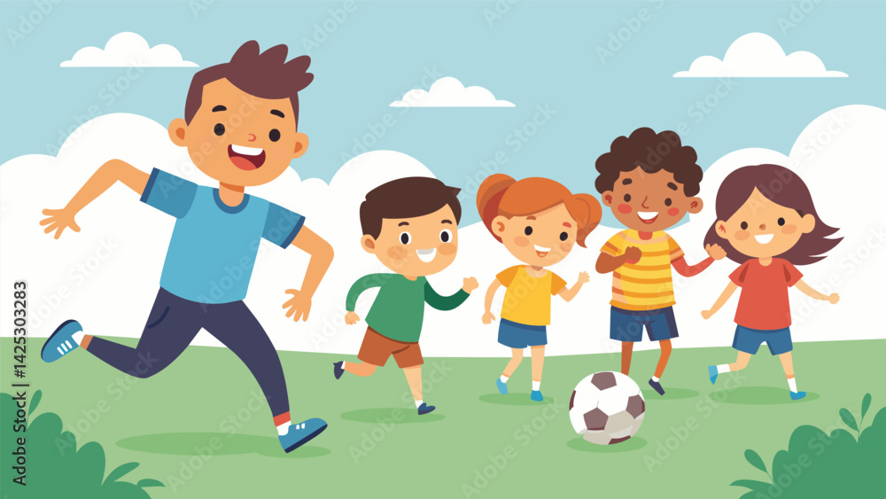 A group of smiling kids dash across the field chasing after a ball during a friendly game of soccer as their coach cheers them on.. Vector illustration A group of smiling kids dash across the field chasing after a ball during a friendly game of soccer as their coach cheers them on.. Vector illustration