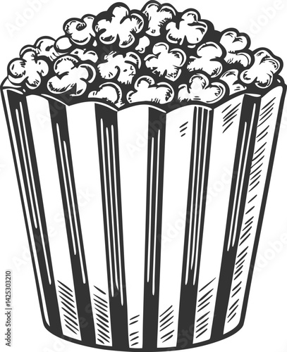 Bucket of popcorn illustrated in a vintage hand drawn engraving style