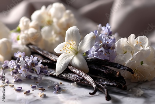 Delicate vanilla pods arranged with dried lavender and white jasmine blooms on a marble surface, captured in soft natural lighting for an ethereal mood.
