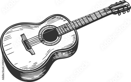 Acoustic guitar in hand drawn black and white sketch vintage illustration