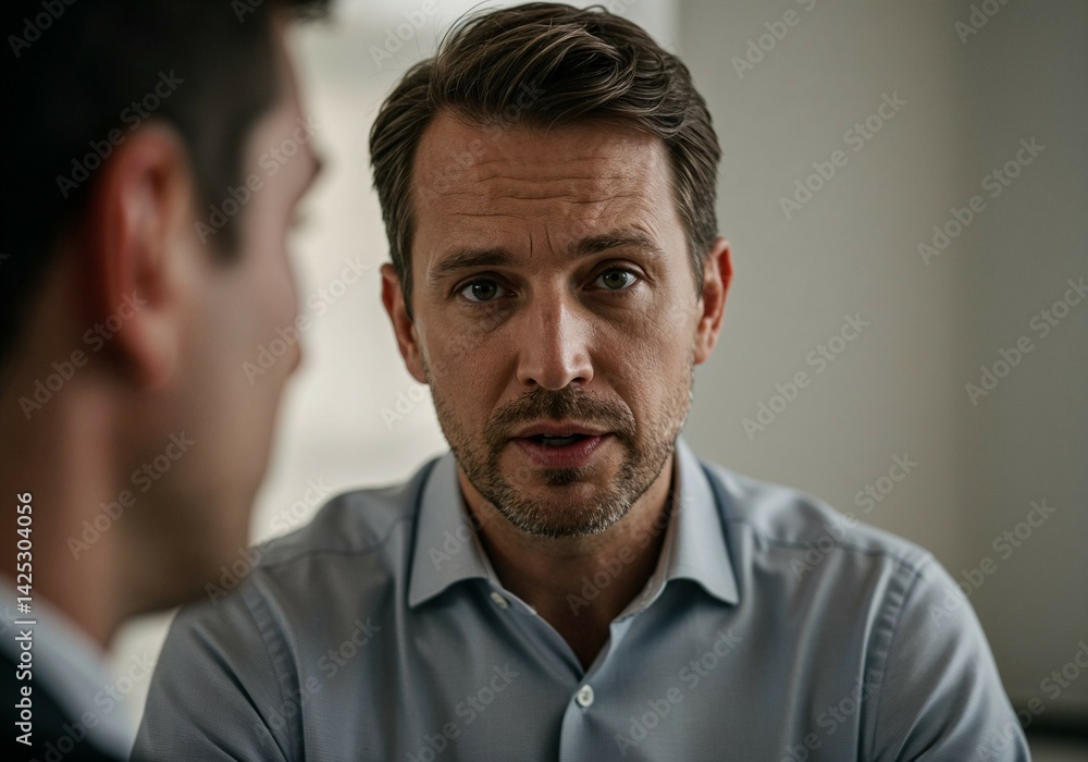 Obraz premium Businessman engaged in serious conversation in an office setting 