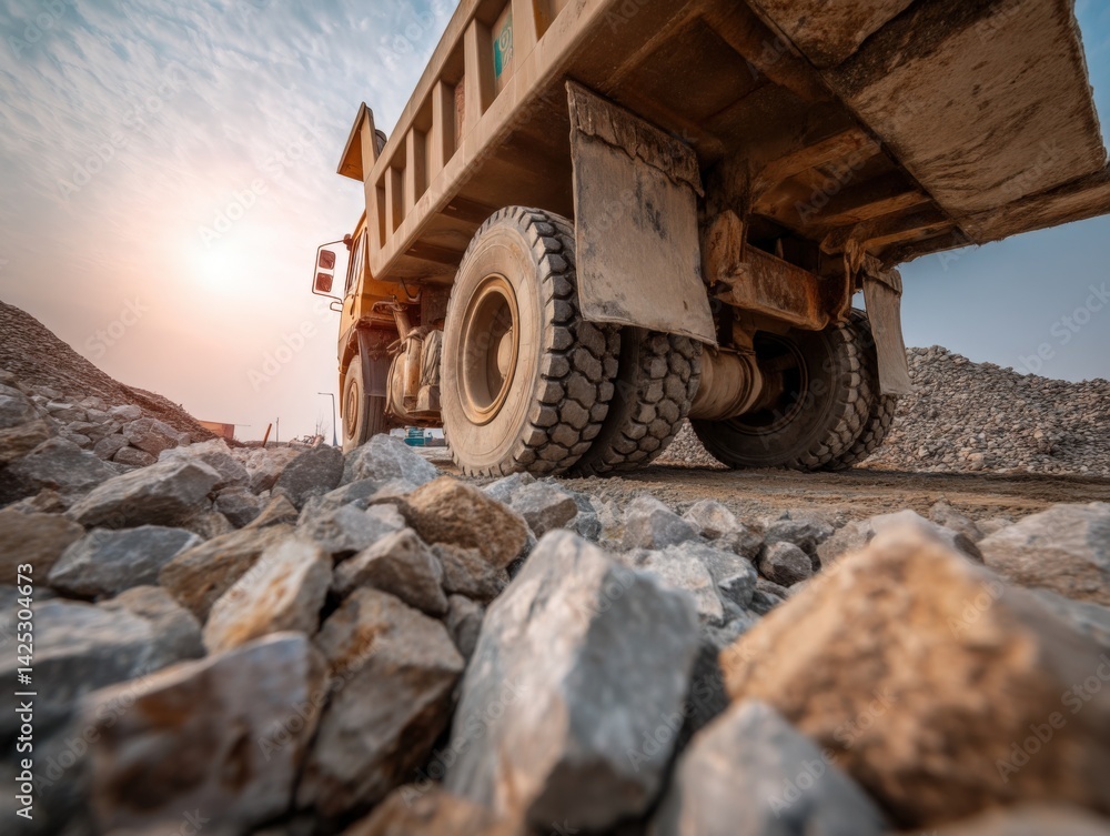 Fototapeta premium Massive dump truck at a quarry, symbolizing construction, industry, and hard work. Ideal for construction companies, mining operations, infrastructure projects.