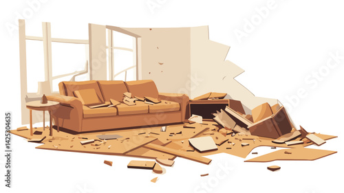 Chaotic Living Room Interior Post Earthquake - Aftermath of Disaster Concept