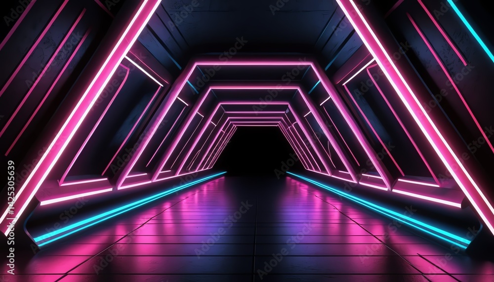 Fototapeta premium Futuristic Neon Tunnel Corridor Pink Blue Lighting Sci Fi Background