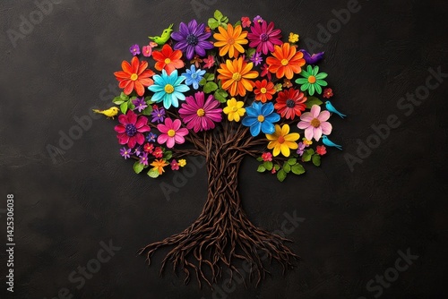 Colorful Floral Tree Design with Blossoms and Vibrant Background