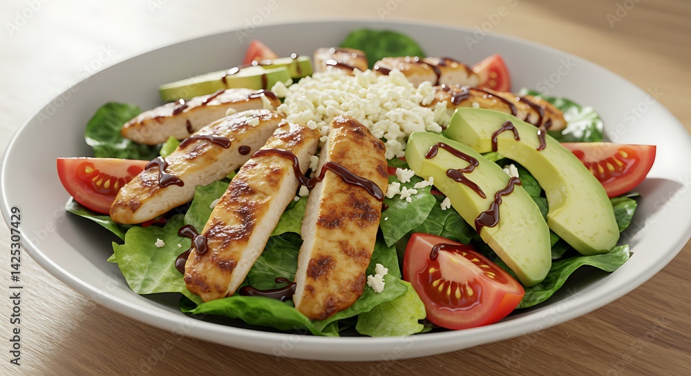Chicken Salad with Avocado Tomato and Lettuce in White Bowl Chicken Salad with Avocado Tomato and Lettuce in White Bowl