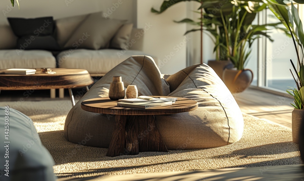 Beige beanbag chair sits on a beige rug in a sunlit modern living room with a wooden coffee table