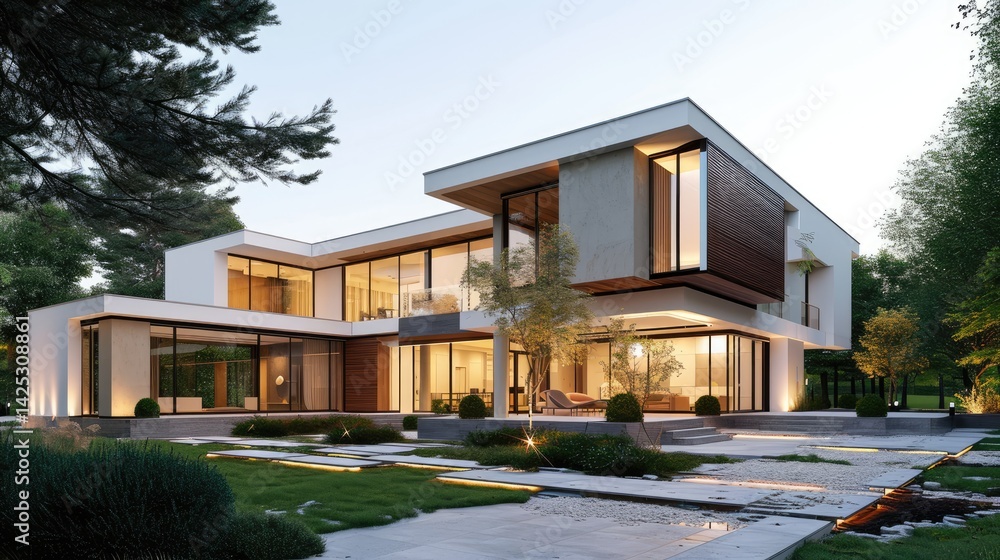 Luxurious modern house with extensive glass windows and a beautifully landscaped garden