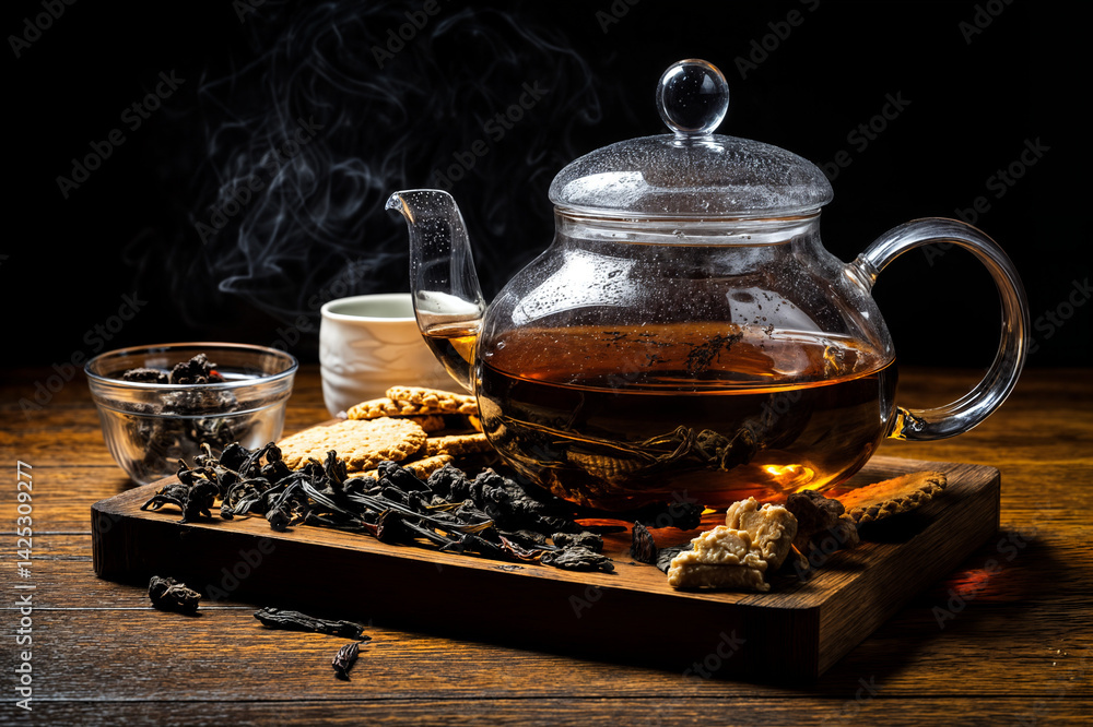 The image shows a glass teapot filled with tea, placed on a wooden tray with various tea leaves, cookies, and a small bowl of dried herbs