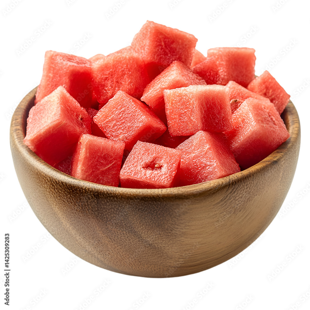 Juicy Watermelon Cubes in Wooden Bowl Summer Refreshment, Juicy Watermelon Cubes in Wooden Bowl Summer Refreshment,