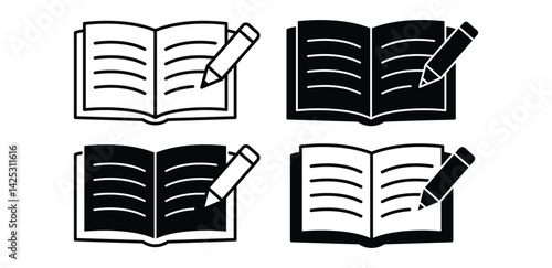 Book And Pencil Icons Set Black And White Color Vector Design Illustration