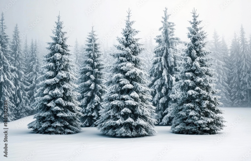 Serene Winter Forest with Snow-Covered Pine Trees in Foggy Landscape Serene Winter Forest with Snow-Covered Pine Trees in Foggy Landscape
