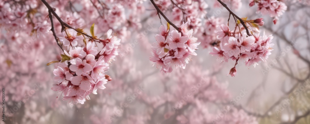 Fototapeta premium Delicate pink sakura petals drift against a softly blurred background of a blossoming sakura tree , soft, serenity