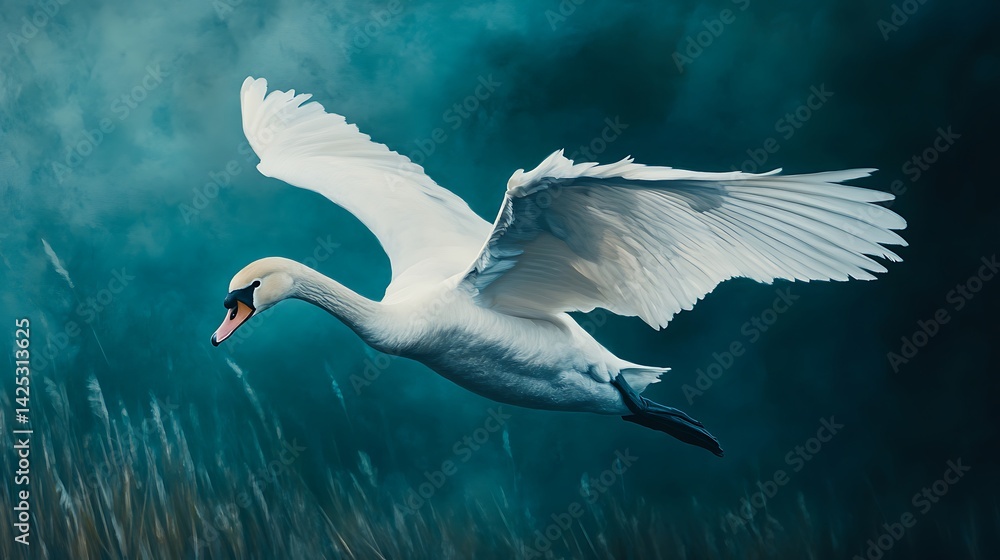 Obraz premium White swan in full flight with detailed wings against a dark backdrop
