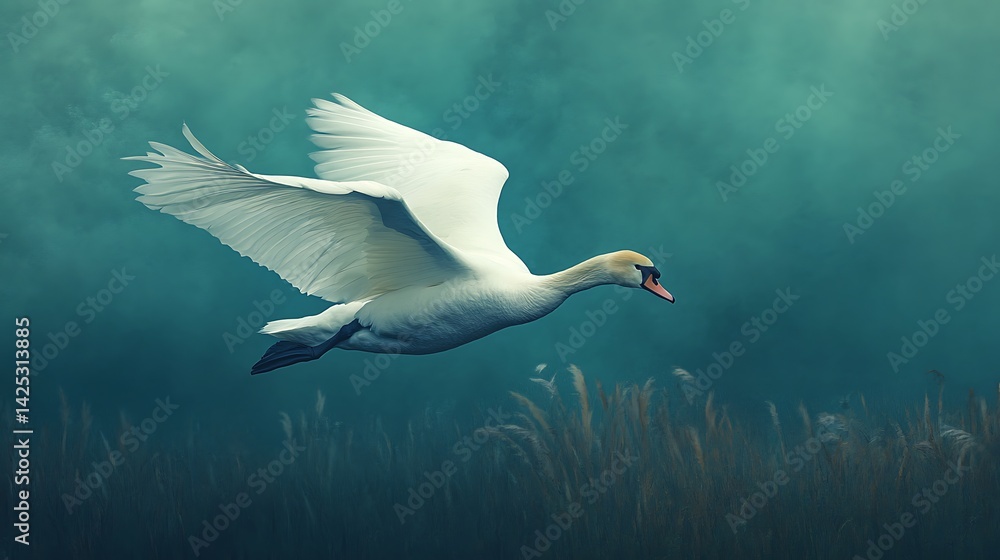 Fototapeta premium Serene swan soaring with elegance over a calm teal backdrop