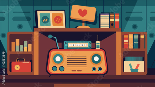 A crackling radio played old radio shows evoking a sense of nostalgia and warmth in the shop.. Vector illustration