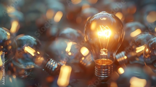 A glowing light bulb among unlit bulbs symbolizes innovative leadership in entrepreneurship