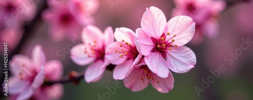 Intricate pink cherry blossoms, close-up showing texture and detail , soft, floral, nature photography
