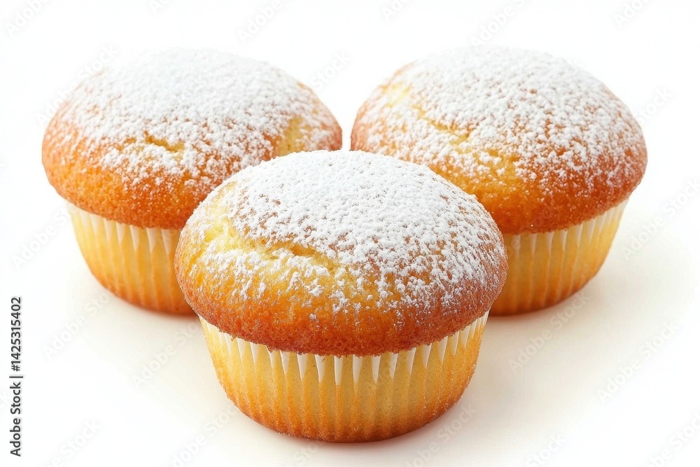Freshly Baked Muffins with Powdered Sugar on a White Background Freshly Baked Muffins with Powdered Sugar on a White Background