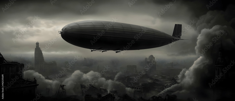 Naklejka premium Grim Zeppelin Over a War-Torn City