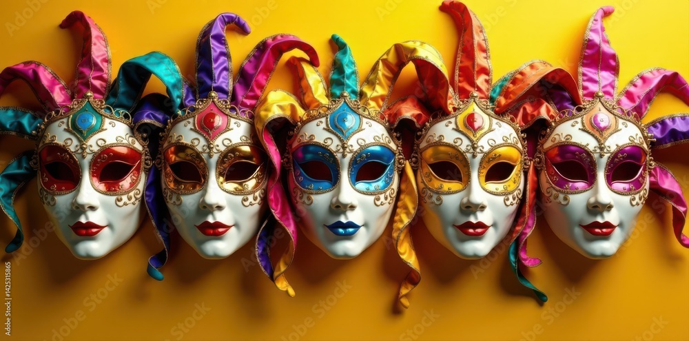 A cluster of colorful Venetian masks, sunny yellow backdrop, vintage, yellow A cluster of colorful Venetian masks, sunny yellow backdrop, vintage, yellow