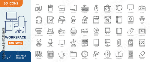 Workspace line editable icon set. Contains  icons related to Workspace and office, coworking. Equipment and furniture. Editable stroke. Vector illustration
