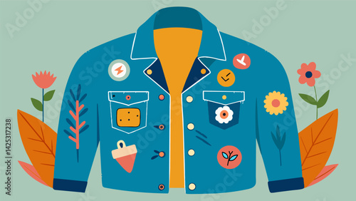 A denim jacket adorned with cool pins and patches passed down from sibling to sibling each adding their own personal touches.. Vector illustration