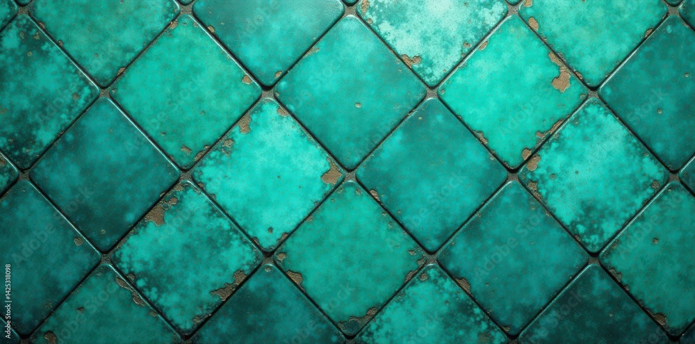 Fototapeta premium Distressed diamond tile backdrop, teal & green hues, exterior, texture