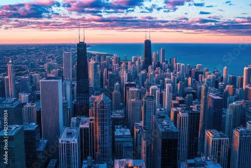 Wallpaper Mural A breathtaking aerial view of a vibrant city skyline at sunset. showcasing towering skyscrapers and a golden hue illuminating the urban landscape Torontodigital.ca