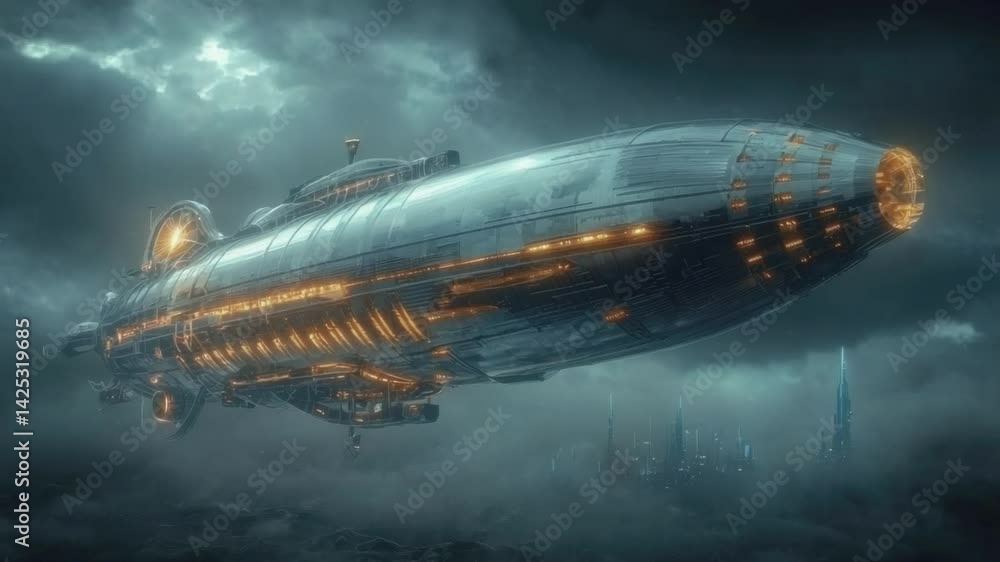 Zeppelin soaring in the storm: A magnificent airship, gleaming and futuristic, gracefully navigates a stormy sky above a distant cityscape, embodying innovation and the spirit of exploration. Zeppelin soaring in the storm: A magnificent airship, gleaming and futuristic, gracefully navigates a stormy sky above a distant cityscape, embodying innovation and the spirit of exploration.
