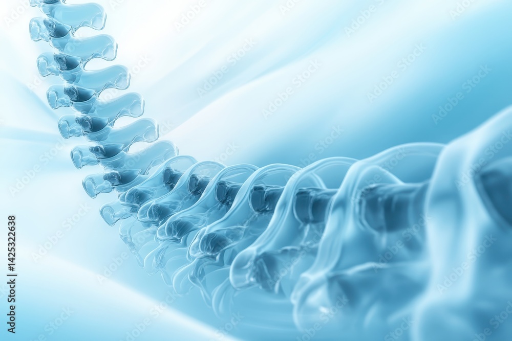 3D representation of a human spine against a light blue background in a clinical setting