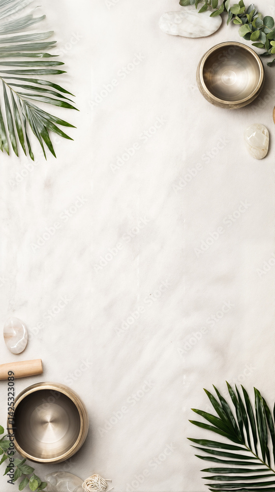 The image features a beige surface with various items arranged around it, including two metal singing bowls, a wooden mallet, a white crystal, and green palm leaves