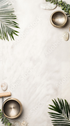 Obraz na płótnie The image features a beige surface with various items arranged around it, including two metal singing bowls, a wooden mallet, a white crystal, and green palm leaves w salonie