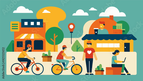 Along the way riders stop at local businesses and restaurants for refreshments and support for the neighborhoods economy.. Vector illustration