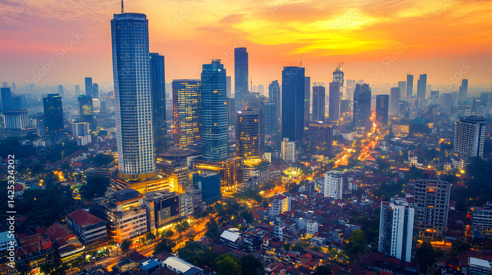 Obraz premium Aerial View of City Skyline at Sunset